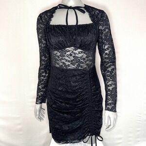 Black Floral Lace Ruched Mini Dress Long Sleeve Tie Neck Bodycon Dark Coquette